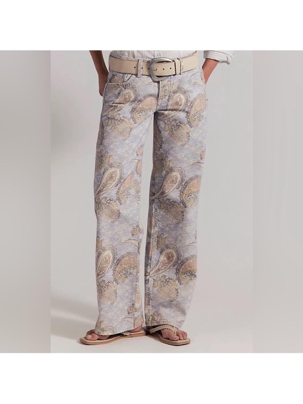 Free People Lavender Paisley Wide-Leg Jeans with Beige Accents